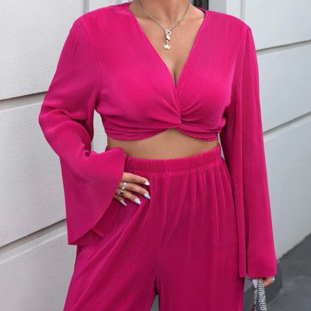 Hot Pink Twisted Top and Wide Leg Two-Piece Set